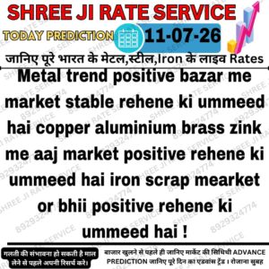 Aaj ke metal, iron aur scrap market price prediction ko dikhata hua informative graphic jisme market trend aur price movement ki jankari di gayi hai.
