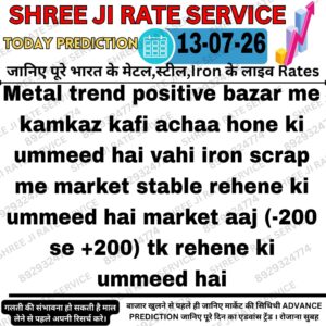 Aaj ke metal market mein iron aur scrap ke daam aur trend ka prediction dikhata hua informative graphic.